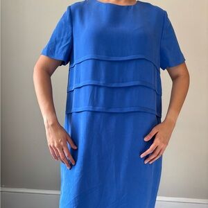 Vintage Y2K Blue Silk Short Sleeve‎ Summer Midi Dress - Size Large